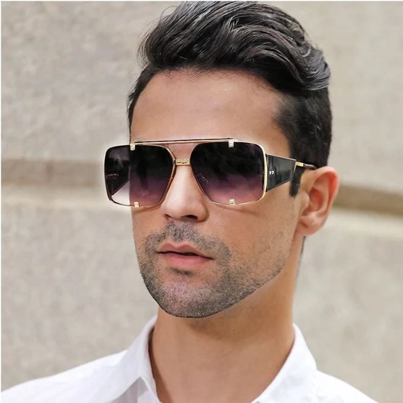 Men Sunglasses Designer Sqyare Gold Frame Black Accents Fashion UV400 Lentes New - Picture 1 of 7